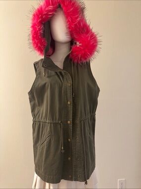 Olive Utility Vest with Pink Faux-Fur Hood